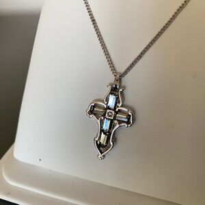 Silver Tone Cross Pendant Necklace with Baguette Stones